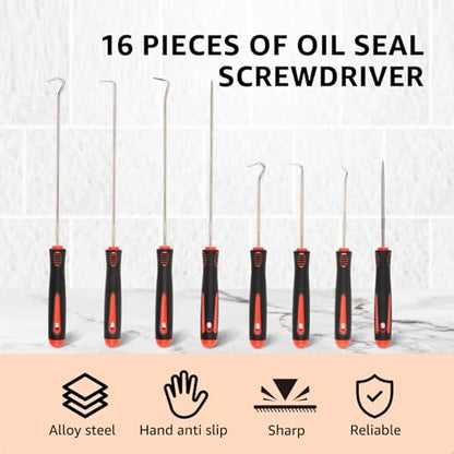 16Pcs Pick and Hook Set, Precision Oil Seal Pick Tool, Easy Removal Automotive Oil Seal Hook, Long Short Reach Seal Puller for Car Lock Keys Remove Hoses and Gaskets