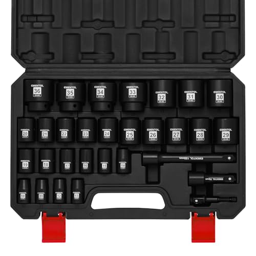 EMENTOL 30PCS 1/2" Drive Shallow Impact Socket Set, Metric, 10mm - 36mm, CR-MO, 6 Point, Includes 3-inch and 6-inch Imapct Extension Bars, 1/4"-1/2" Drill Adapter - size: 1/2" Drive (10mm-36mm),Shallow
