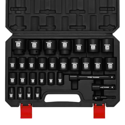 EMENTOL 30PCS 1/2" Drive Shallow Impact Socket Set, Metric, 10mm - 36mm, CR-MO, 6 Point, Includes 3-inch and 6-inch Imapct Extension Bars, 1/4"-1/2" Drill Adapter - size: 1/2" Drive (10mm-36mm),Shallow