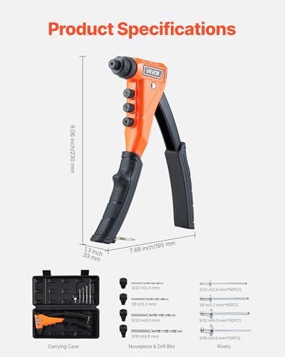 VEVOR Pop Rivet Gun Kit, with 200 Blind Rivets, Heavy Duty Single Hand Riveter with 4 Interchangeable Nosepieces, 4 Drill Bits, and a Carrying Case, Manual Riveting Tool for Metal, Automotive, Home - size: 9", style: RIVET GUN