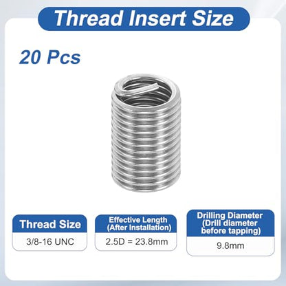 PATIKIL Wire Thread Inserts 3/8-16 UNC 2.5D 23.8mm, 20Pcs 304 Stainless Steel Helical Coiled Wire Screw Threaded Sleeve Sheath for Mechanical Equipment Automotive Repairs - size: 3/8-16 UNC, 23.8mm