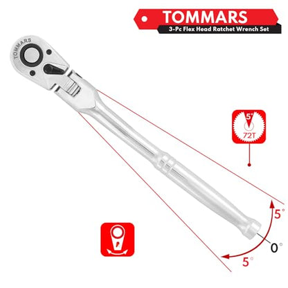 TOMMARS Flex Head Ratchet Set, 1/4", 3/8", 1/2" Drive Socket Wrench Kit | Mechanic Hand Tool Kit, Flexible, 72 Tooth 5-degree swing arc, Quick Release, Reversible - size: 1/4", 3/8", 1/2" Drive, style: Flex Head Standard Ratchet Set