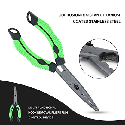 Hikary Long Nose Fishing Pliers, Stainless Steel Hook Remover Braid Cutter Rustproof Multi-Tool Fishing Gripper for Freshwater Saltwater - color: Green-9inch
