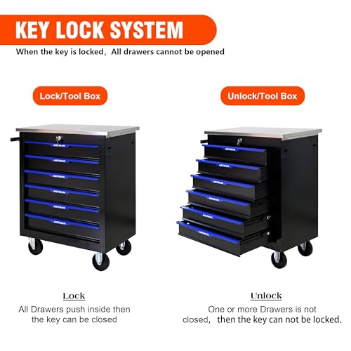 6 Drawer Heavy Duty Rolling Tool Chest, Mobile Metal Lockable Tool Cart with Stainless Steel Worktop, Garage Tool Storage Cabinet for Workshop Auto Repair, Black & Blue, 30.7" H × 25.9" W - size: 6 Drawers