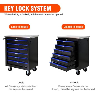 6 Drawer Heavy Duty Rolling Tool Chest, Mobile Metal Lockable Tool Cart with Stainless Steel Worktop, Garage Tool Storage Cabinet for Workshop Auto Repair, Black & Blue, 30.7" H × 25.9" W - size: 6 Drawers
