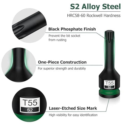 JiGiU 10PCS 1/2" Drive Impact Torx Bit Socket Set S2 Steel Star Sockets Star Bit Socket T25, T27, T30, T40, T45, T50, T55, T60, T70, T80 with Storage Case for Professional Mechanic and Auto Repair - size: Torx