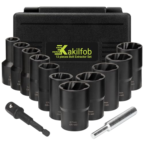 Lug Nut Extractor Twist Socket Set, 13 Pieces Wheel Lock Removal Kit, for Removing Damaged, Frozen, Rusted, Nuts & Screws, Cr-Mo Steel