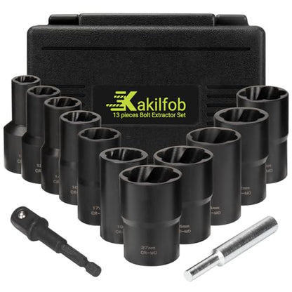 Lug Nut Extractor Twist Socket Set, 13 Pieces Wheel Lock Removal Kit, for Removing Damaged, Frozen, Rusted, Nuts & Screws, Cr-Mo Steel