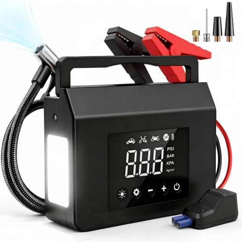 Car Battery Jump Starter with Air Compressor, 4000A 150PSI Tire Inflator, 15000mAh PowerBank with LED Light, 12V Portable Car Battery Jump Power - All Gas/8.0L Diesel