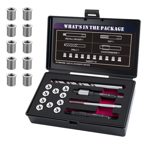 M6X1.0 Thread Repair Kit with 9.4mm Insert HSS Drill, Tap, Installation Driver, Counterbore, Stainless Steel Insert M6X1.0X9.4mmX10 PCS