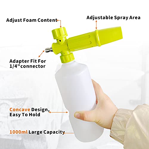 Foam Cannon 1 L Bottle Car Wash Snow Foam Lance with 1/4" Quick Connector Pressure Power Jet Washer Quick Release Adjustable Nozzle with 1 Washing Mitts - color: Foam Gun with Mitt