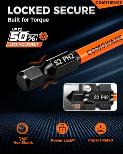 COMOWARE 2 Inch PH2 High Magnetic Impact Screwdriver Drill Bit Set, 21PCS, #2 Anti-Slip Phillips Bits, S2 Steel, Phosphating Driver Bit Set with CNC Magnetic Impact Bits for Power Drill - color: Ph2 21pcs Phosphate-coated