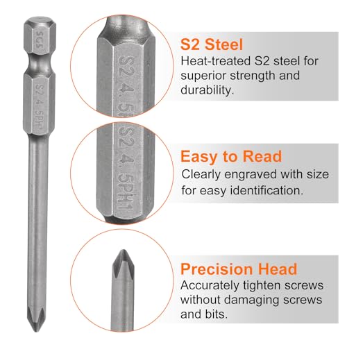 HARFINGTON 5pcs #1 Phillips Screwdriver Bit PH1 1/4" Hex Shank 3" (75mm) Long Magnetic S2 Steel Industrial Grade Screw Driver Bit Cross Head Electric Drill Bits 0.177" (4.5mm) Rod - size: PH1 x 75mm x 4.5mm
