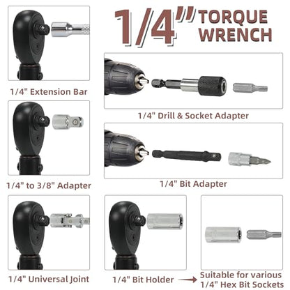 63Pcs 1/4-Inch Drive Click Torque Wrench Set(1-25 N.M/20-240IN.LB)，with Bit Socket Set Metric and Extension Bar for Auto Repairing and Household, with Storage Case - size: 63Pcs 1/4"Torque Wrench(1-25 N.M/10-222.5IN.LB)