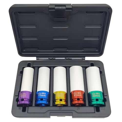 5PCS 1/2" Drive Impact Lug Nut Socket Set, Lug Nut Impact Socket | 15 17 19 21 22mm, 6 Point, Non-Marring, Thin Wall, Deep Socket, Wheel Protector, Protective Socket, Color-Coded, Cr-Mo Steel - size: 5PCS 15 17 19 21 22mm