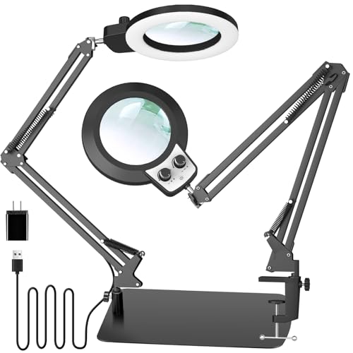 KIRKAS 12X Magnifying Glass with Light and Stand, Overhead Knob 2 in 1 | Lighted Magnifier Lamp for Workbench, Craft, Sewing, Repair, Real Glass Lens Stepless Dimming and Color (11.8IN Base & Clamp) - size: 12X 11.8 INCH Base & Clamp