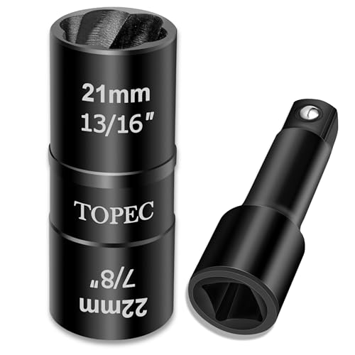 Topec 2-IN-1 Lug Nut Extractor with Extension Bar, 1/2" Drive Lug Nut Removal Tool, Flip Wheel Lock Remover Socket Kit for Damaged, Stripped and Rounded Bolts, Nuts (21mm x 22mm)