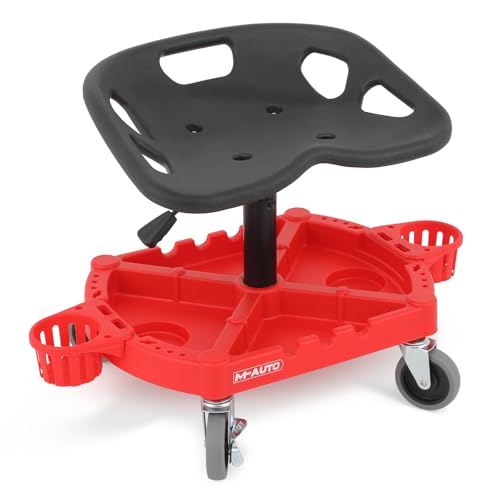 M-AUTO Padded Seat Shop Chairs for Garage with Wheels, 17.5”-22.5” Height Adjustable Swivel Mechanics Seat with Tool Organizer Tray for Garage and Garden, 300lbs Capacity - size: 22.5"