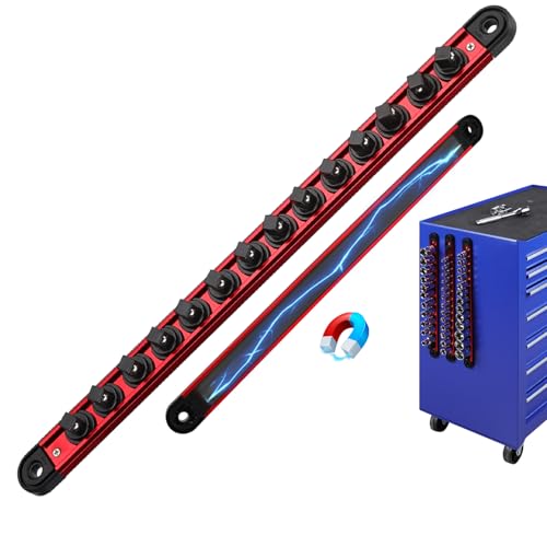 3/8-Inch Magnetic Socket Organizer Rail, Aluminum Alloy Socket Rail, Heavy Duty Sockets Holder with 14 Clips, 360° Swivel Clip Tool Tray, Sockets Organizer for Tool Box Drawer (Red) - style: Red 3/8-inch