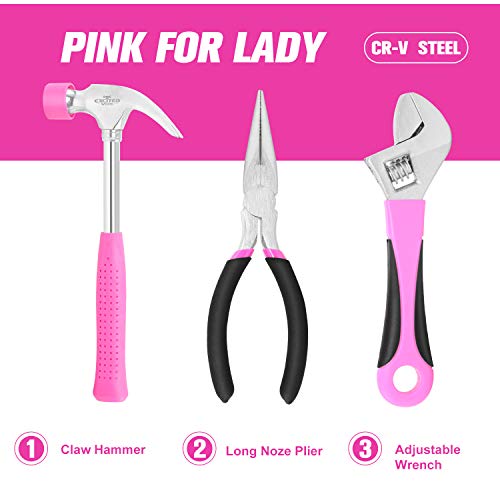 89 Piece Pink Tool kit, Ladies Hand Tool Set with Easy Carrying Round Pouch Household Tool Kit Perfect for DIY, Home Maintenance and Dorm Repair | Compact & Portable, Perfect for DIY & Home Repair, Includes Round Storage Pouch