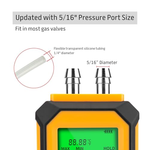5/16 Inches Diameter Pressure Port Digital Manometer, YZT Meter Dual Port Air Pressure Meter Pressure Gauge HVAC Gas Tester, Differential Pressure Manometer - style: 5/16 Inches Diameter Port