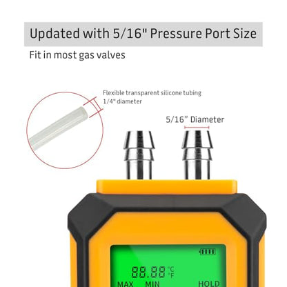 5/16 Inches Diameter Pressure Port Digital Manometer, YZT Meter Dual Port Air Pressure Meter Pressure Gauge HVAC Gas Tester, Differential Pressure Manometer - style: 5/16 Inches Diameter Port