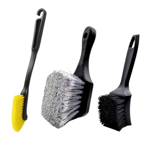 3 Pcs Car Wheel & Tire Cleaning Brush Set, Soft & Medium Bristle Brushes for Auto Detailing, Long Handle Rim and Barrel Cleaning Kit for Cars, Trucks and SUVs