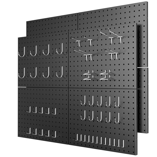 Heavy Duty Peg Board, 8 Pack Metal Pegboard Panels with 50 Hooks | Black Pegboard Organizer - Wall Mount Storage System for Garage and Garden Tools, Workbench, Office & Home Organization - color: Black, size: 16x12"- 8 Pcs