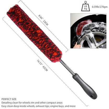 Metal Free Soft Wheel Cleaner Brush, Synthetic Wool Car Cleaning Brush, Highly Water Absorption, Dense and Durable Tire Brush for Cleaning Wheels, Rims, Spokes, Fenders, Engines… - color: black+red