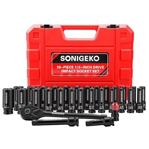 30-Piece 1/2" Drive Impact Socket Set, 6-Point Deep SAE & Metric CR-V Steel Sockets with 3", 5" Extension Bars, Ratchet Wrench & Bit Adapter - size: 30 PCS, 1/2" Socket Set, Metric & SAE