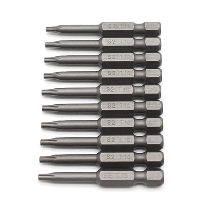 TEMO 10 pc T10 Torx Star Head Screwdriver Bit Set, S2 Steel 6 Point T-10 Reduced Round Shaft Screwdriver Insert Bits Hex Shank - size: T10 Round