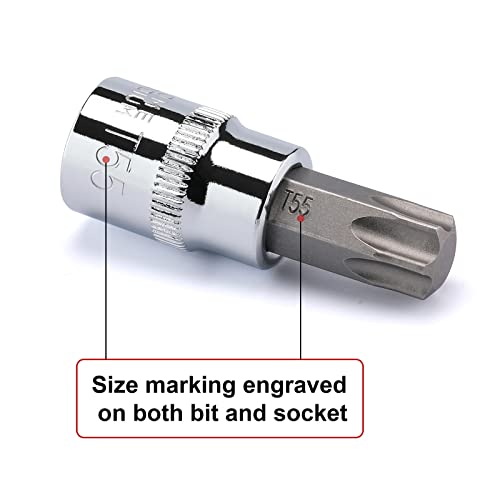 CASOMAN 34 Pieces 3/8-Inch Drive Torx Bit Socket and E-Torx (Star) Socket Set, CR-V & S2 Steel, E4-E20, T10-T60, Tamper Proof TT10-TT55, 5/16"F to 3/8"M Adapter