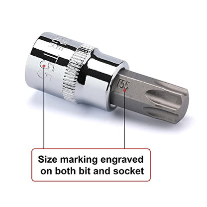 CASOMAN 34 Pieces 3/8-Inch Drive Torx Bit Socket and E-Torx (Star) Socket Set, CR-V & S2 Steel, E4-E20, T10-T60, Tamper Proof TT10-TT55, 5/16"F to 3/8"M Adapter