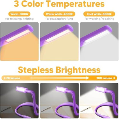 Voilet Neck Light with Storage Case: Back to School Gifts 10-80Hrs Eye-friendly Book Reading Light Knitting Crochet Sewing Craft Light Rechargeable Adjustable, Book Lovers Gifts for Knitters Crafters - color: Violet with storage case