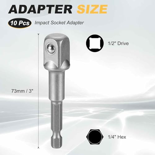 HARFINGTON 10pcs Impact Socket Adapter 1/2" Square Drive 1/4" Hex Shank 3" Long Extension Bit for Axle Nut Driver Drill Socket Sets - size: 1/2" x 3"