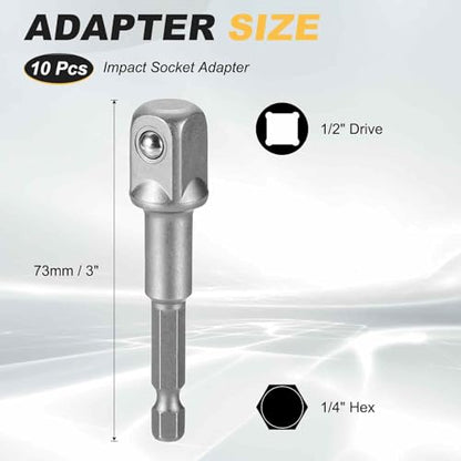 HARFINGTON 10pcs Impact Socket Adapter 1/2" Square Drive 1/4" Hex Shank 3" Long Extension Bit for Axle Nut Driver Drill Socket Sets - size: 1/2" x 3"