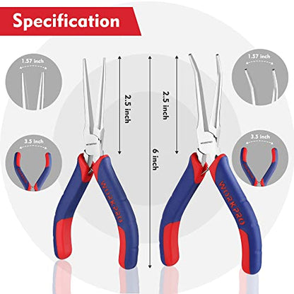 WORKPRO 2-Piece 6" Mini Needle Nose Pliers Set(Smooth Jaw), Long Nose Pliers, Bent Nose Pliers with Comfort Grip Handles, Jewelry Plier For Wire Wrapping, Handmade Craft, Jewelry Making, 6" 2PCS - size: 6" 2PCS