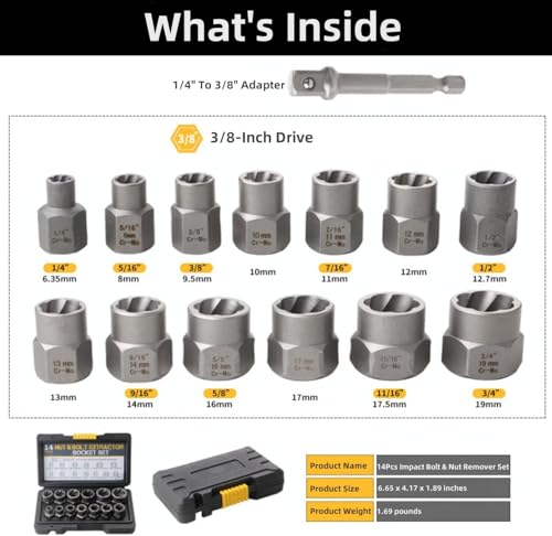14-Piece Impact Bolt & Nut Remover Set, 3/8”Bolt Lug Nut Extractor Socket Tool Set, Damaged Bolt Nut Remover with Hex Adapter for Removing Stripped, Damaged, Rounded off and Rusted Bolts & Nuts