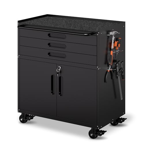 Metal Mobile Tool Storage Cabinet with 2 Locking Doors and 3 Drawers,Black Heavy Duty Rolling Tool Cabinets for Garage,Metal Storage Cabinets with Wheels and Pegboard,Assembly Required - color: Black, style: 2 doors 3 drawer with wheels
