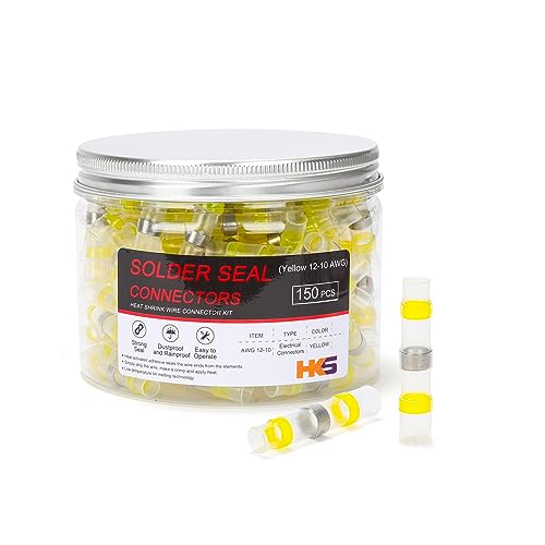 HKS 150PCS Solder Seal Wire Connectors – 12-10 AWG Yellow Heat Shrink Butt Terminals – Waterproof Electrical Wire Splice for Automotive, Marine, and DIY Wiring - color: YELLOW 12-10 AWG, size: 150PCS