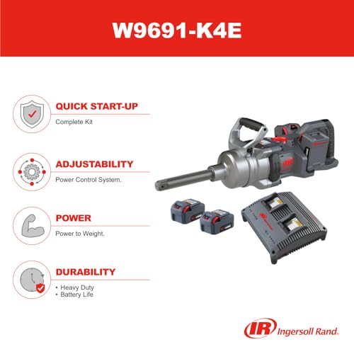 Ingersoll Rand W9691-K4E Cordless 1" High-Torque Impact Wrench Kit with 2" Extended Anvil, Includes 4 BL2022 5.0Ah Batteries and Dual-Bay Charger - size: Extended Anvil, style: 4 Battery Kit
