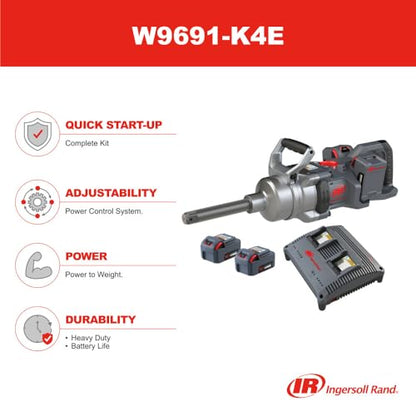 Ingersoll Rand W9691-K4E Cordless 1" High-Torque Impact Wrench Kit with 2" Extended Anvil, Includes 4 BL2022 5.0Ah Batteries and Dual-Bay Charger - size: Extended Anvil, style: 4 Battery Kit