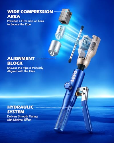 OMT Hydraulic Flaring Tool Kit, Brake Line Flaring Tool with Cutter | 45-Degree Single & Double Flaring Dies for 3/16-1/2in & ISO 4.75-10mm, Tubing Cutter, Deburring Tool, 42CrMo Steel Yoke