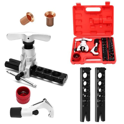 Eccentric Flaring Tool Kit, 45° Copper Flaring Tool for HVAC Mini Split & Auto Brake Line, SAE 1/4"-3/4" & Metric 6-19mm Tubing Flaring Kit with Tube Cutter, Deburrer and Hard Storage Case