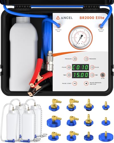 ANCEL BR2000 Elite Brake Bleeder Kit, One-Person Pressure Pulse Brake Fluid Replacement Tool, 4-Wheel Simultaneous Service, 12V Powered, 12 Adapters, 6.5L Bottles, for DIY and Shop Use