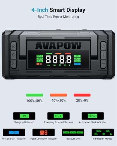 AVAPOW Jump Starter with Air Compressor, 8000A 150PSI Car Battery Jump Starter Portable with 4" HD Display 12V Jump Box & Battery Booster (8L Gas/8L Diesel) with Auto-Shutoff Tire Inflator - color: 8000A