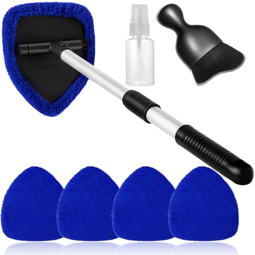 Qydipclin 7pcs Windshield Cleaner Tool Car Window Cleaning Wash Kit with 4 Reusable Microfiber Pads 1 Spray Bottle and Extendable Handle Auto Glass Wiper Kit, Blue - color: Blue