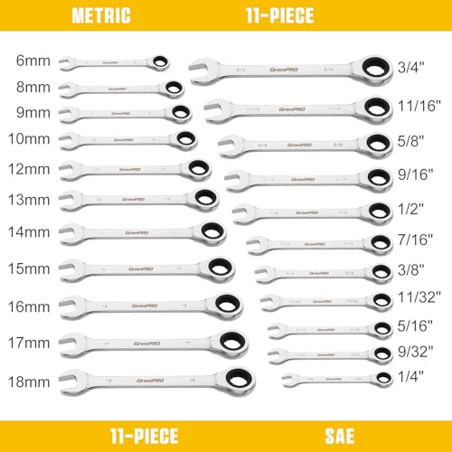 GRENPRO 23 Piece Ratcheting Wrench Set, Open End Wrench Set Metric And Standard 6-18mm & SAE 1/4"-3/4", Combination Wrenches Sets, Organizer Tool Box, 72 Tooth Large Wrench Hand Tools Set With 1 Gauge