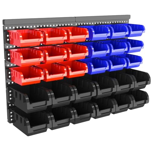 Wall Mounted Storage Bins, Nut and Bolt Organizer, Plastic Bolt Bin, Screw Organizer, Storage Bins for Garage (RED+BLUE+BLACK, SMALL(30PCS)) - color: RED+BLUE+BLACK, size: SMALL(30PCS)