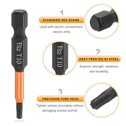 HARFINGTON 3pcs T10 Torx Head Screwdriver Bit 2" (50mm) Long 1/4" Hex Shank Magnetic No Hole Tamper Proof 6 Point Star Screw Driver Drill Bits Phosphate S2 Steel Industrial Power Tools - size: T10 x 50mm